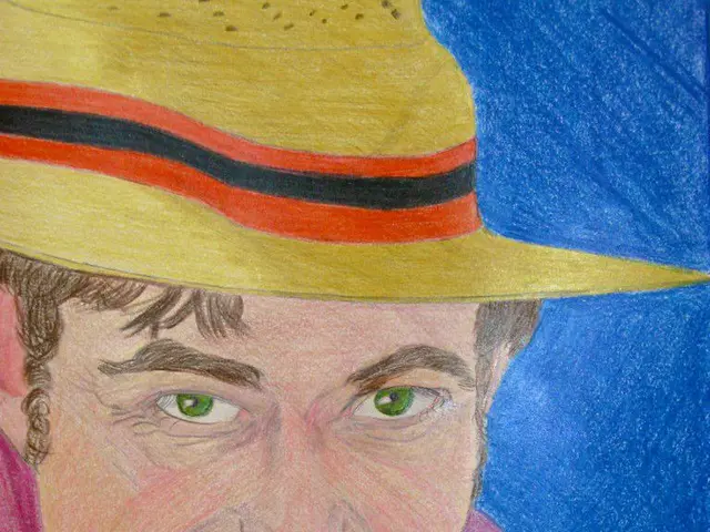 In this picture we can see a painting of a man smiling and he wore a cap.