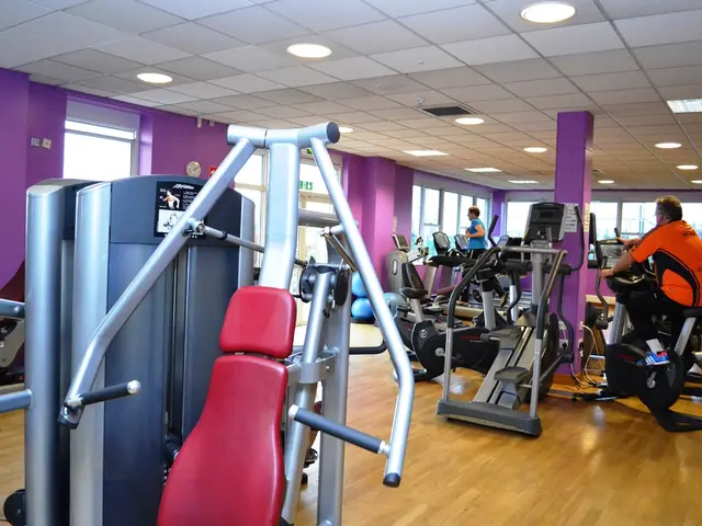 In the image we can see some gym equipments, few people are doing workouts. At the top of the image...