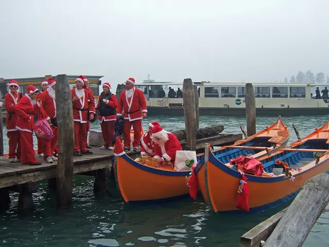 On the left we can see group of persons who are wearing santa claus dress and standing on this...