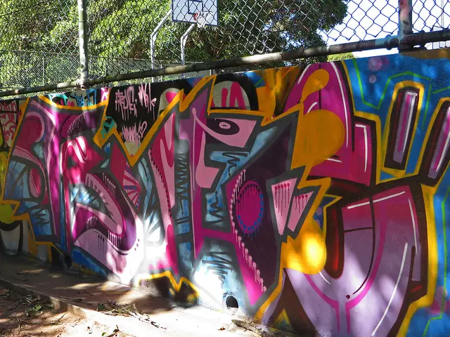 In this image, we can see an art on the wall. There is a fencing, basketball goal post and tree at...