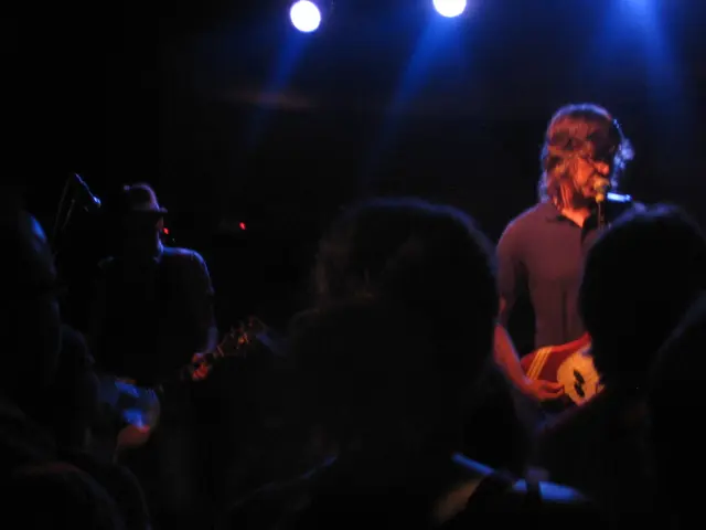 In this picture we can see a group of people where two men are playing guitars with their hands and...