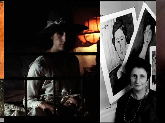 This image looks like an edited photo in which I can see a group of peoples paintings, photo frames...