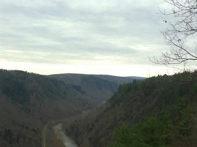 In this image I can see in the middle a river is flowing through this hills and there are trees. At...