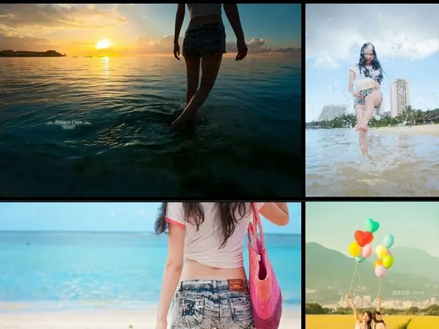 This is the photo grid image of a girl standing in front of beach in all slides, in some pics she...