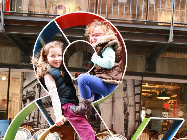 In this image we can see three girls wearing dress standing inside a structure placed on the...