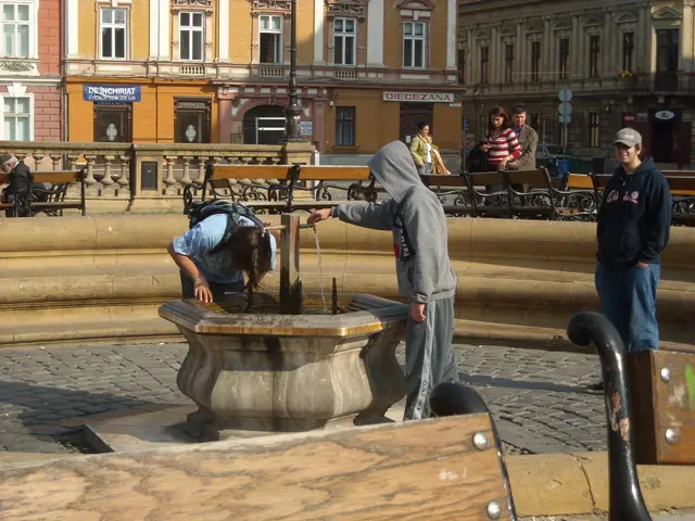 In the center of the image there is a fountain. Beside the fountain there are people. Behind the...