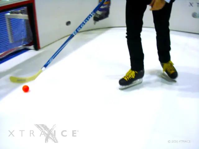 In this image we can see a person holding a hockey stick and there is a red color ball on the...