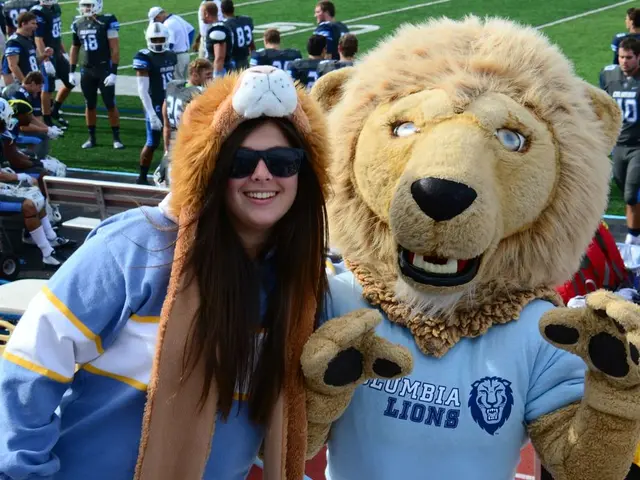 In this picture there is a woman who is a standing near to the person who is wearing lion's face....