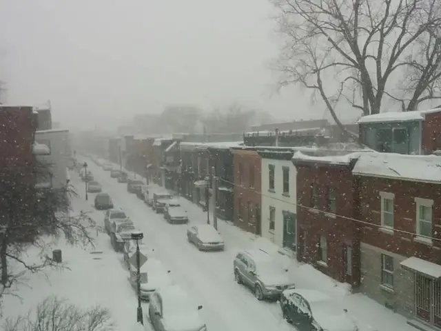 There is a road which has cars and buildings on either sides of it covered with snow and there are...