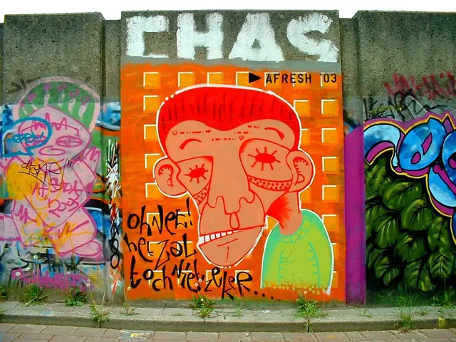 In this image we can see paintings on the walls and shrubs.