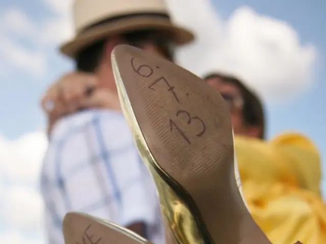 In the picture there are heels of a woman and some date is written on both of the heels and behind...