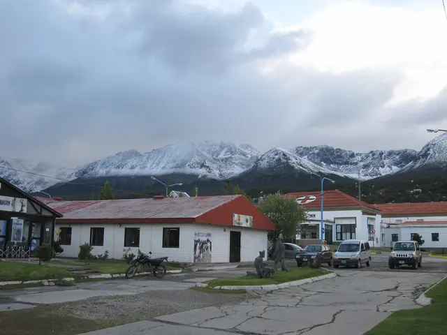 In the center of the picture there are buildings, street lights, trees, plants, cars, sculptures,...