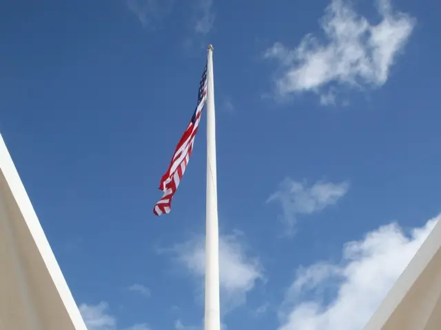 In this picture there is a flag and there are ropes on the pole. At the top there is sky and there...