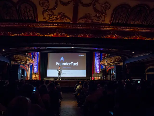 In this picture I can observe a person standing on the stage. There are some people sitting in the...