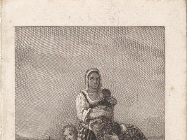 The image shows an engraving of a woman holding a baby and a child, with a dog by her side. The...