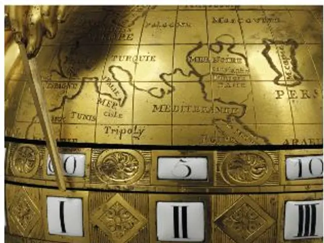 The image shows a golden globe with Roman numerals on it, sitting atop a table. The globe is...