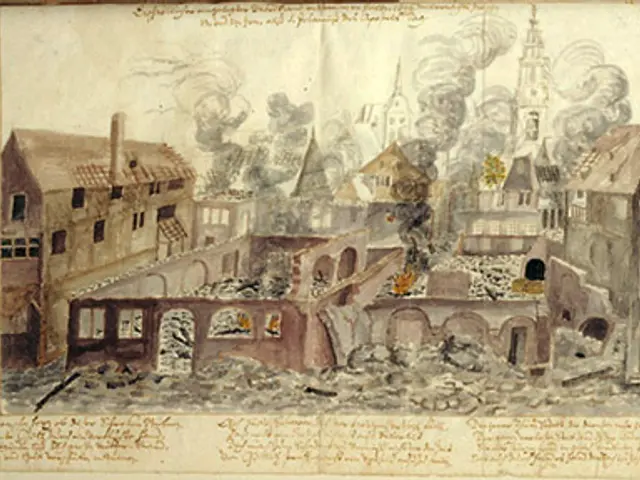 The image shows an old book with a drawing of a city in the middle of it, depicting the aftermath...
