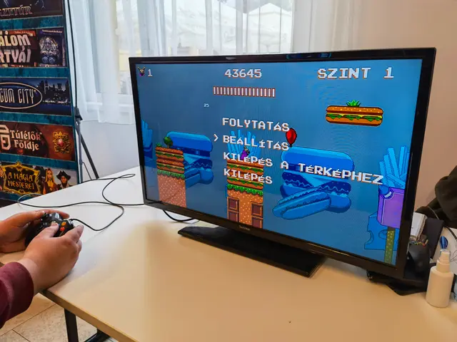 The image shows a person playing a video game on a computer monitor, with a joystick in their hand....