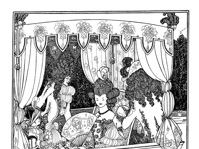 The image shows a black and white illustration of a woman in a dress sitting on a balcony,...