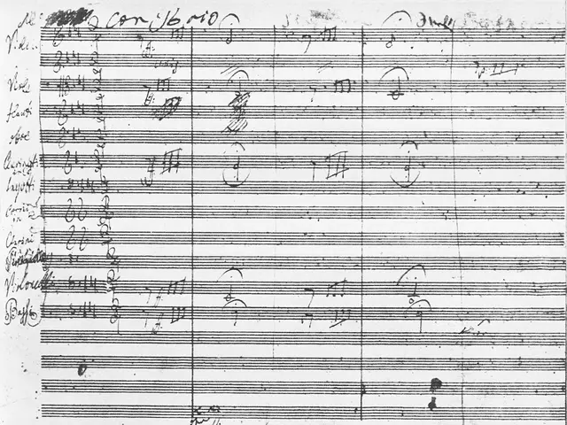 The image shows a black and white sheet of music with a lot of writing on it. The paper is filled...