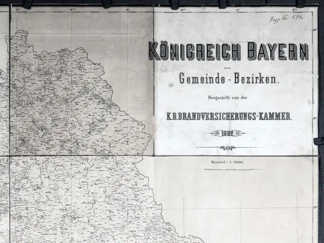 The image shows a black and white map of Konigreich Bayern, Germany, with text written on it. The...