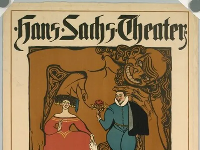 The image shows a poster for the Hans-Sachs Theater in Munich, Germany, featuring a man and a woman...