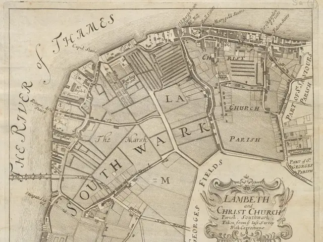 The image shows an old map of the city of London, England, with the River Thames running through...