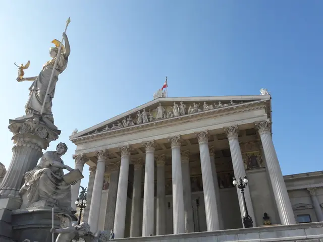 The image shows the Austrian Parliament Building in Vienna, Austria. It is a grand building with...