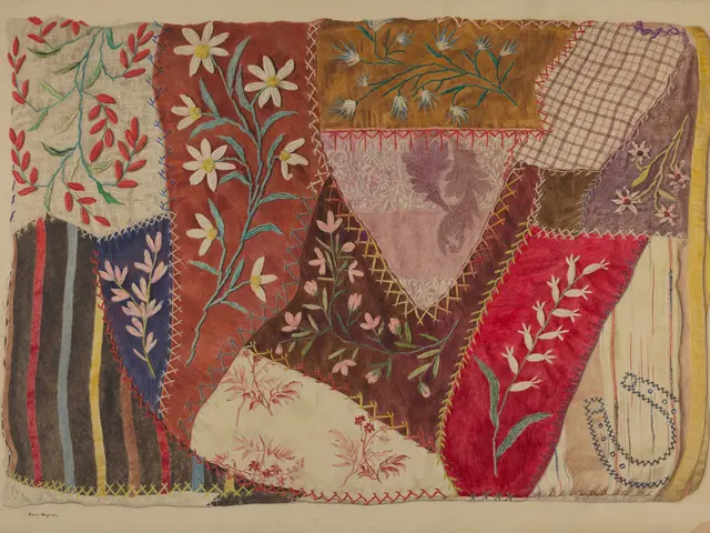 The image shows a book with a drawing of a patchwork quilt on it. The quilt is composed of a...