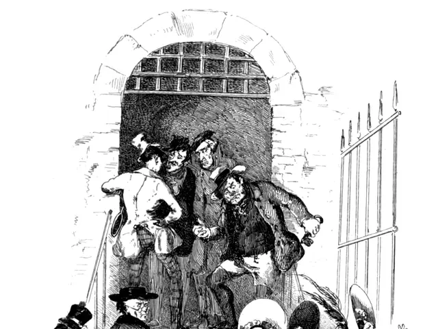 The image shows a black and white drawing of a group of people standing in front of a gate, with a...