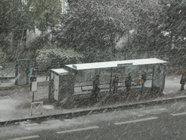 The image shows a bus stop in the middle of a snowy street, with people waiting for the bus. There...