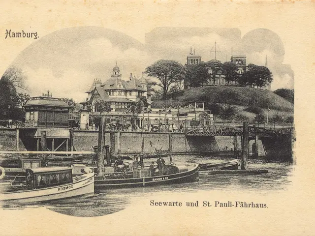 The image shows an old postcard of Hamburg, Germany, with boats on the water, a bridge, buildings,...