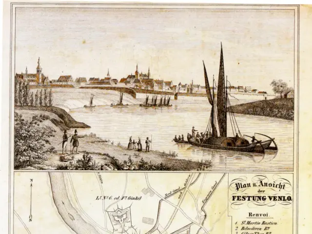 The image shows an old map of the city of Hamburg, Germany, with a boat in the water, people,...