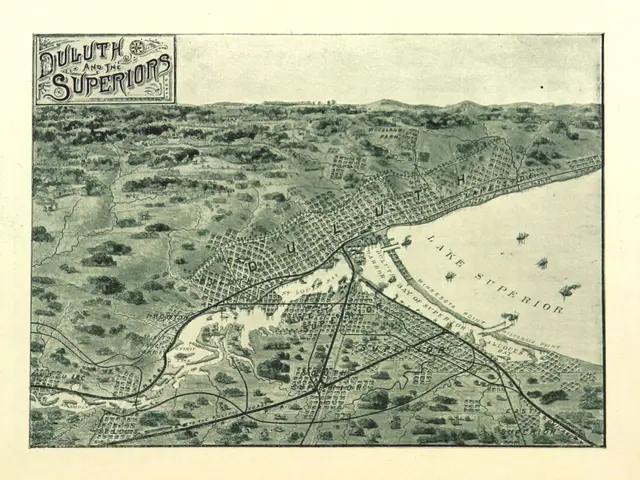The image shows an old map of the city of Duluth, Minnesota. It is a black and white image with...