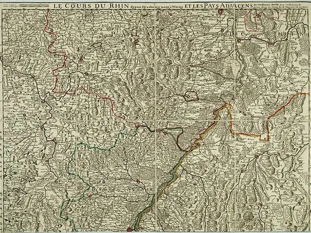 The image shows an old map of the Rhineland-Palatinate region of France, with the Rhine River...