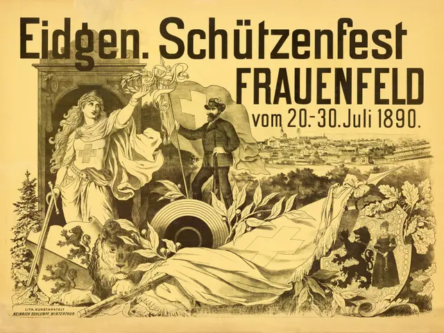 The image shows an old poster advertising the Eidgen Schützenfest in Frauenfeld, Germany. It...