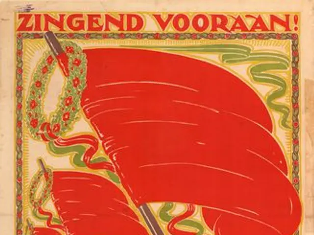 The image shows a poster with a red flag on it that reads "Zingend Vooraan" which translates to...