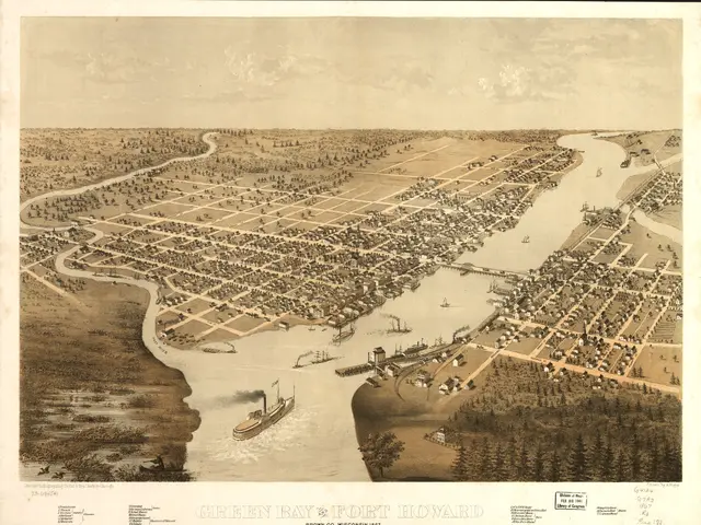 The image shows an old map of the city of Green Bay, Wisconsin, with boats on the water, trees,...