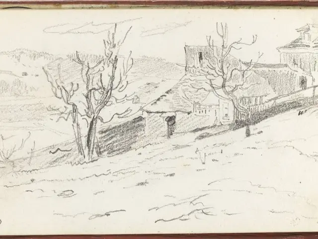 The image shows an open book with a drawing of a house in the snow, surrounded by trees and hills....