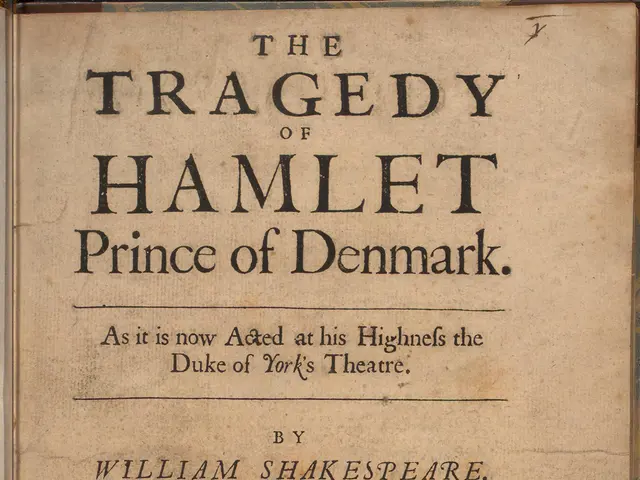 The image shows a book with the title "The Tragedy of Hamlet, Prince of Denmark" written on the...