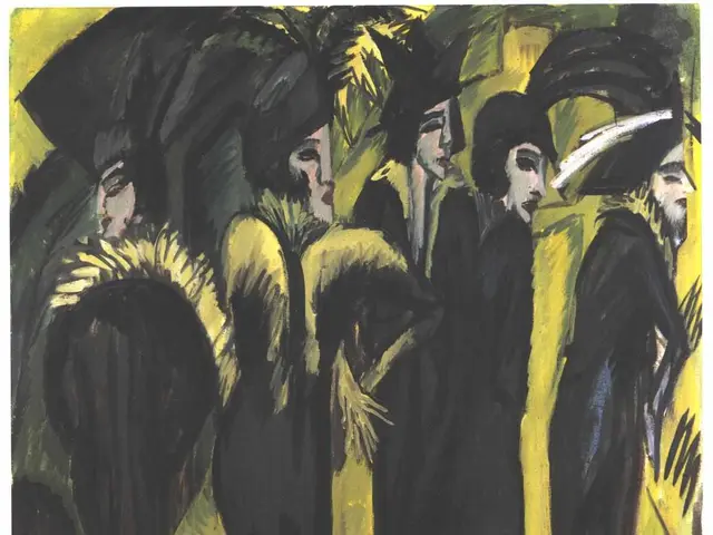 The image shows a painting of a group of people in black and yellow costumes, painted by Henri...