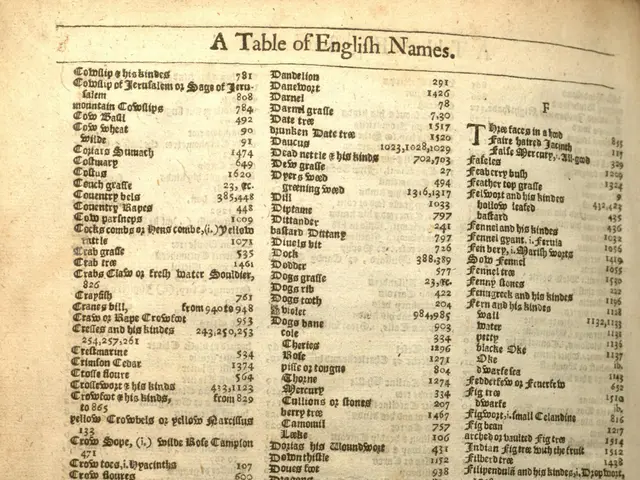 The image shows an open book with a table of English names on it. The book is filled with text and...