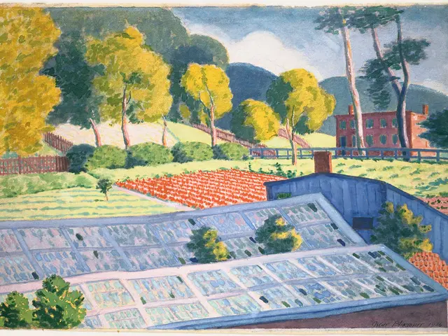 The image shows a painting of a farm with a house in the background, surrounded by trees, plants,...