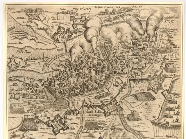 The image shows an old map of the city of Magdeburg, Germany, with text written on it. The map is...