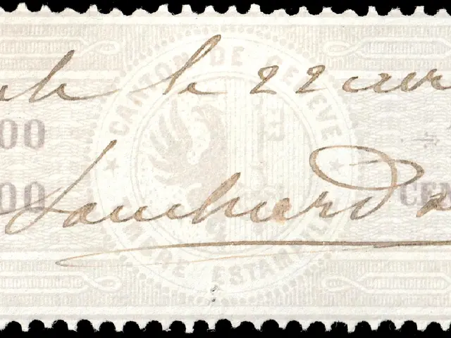 The image shows a stamp with a black background and a picture of a man on it. The text on the stamp...