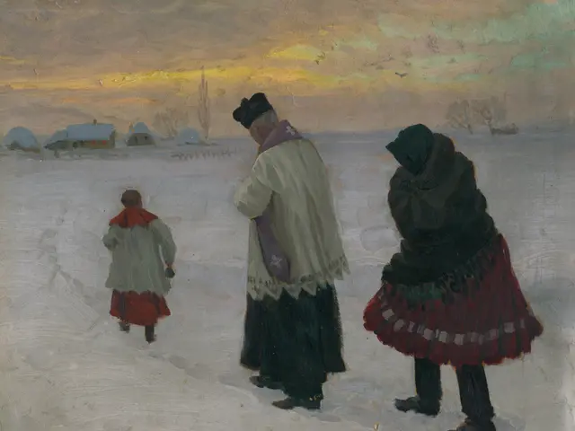 The image shows a painting of three people walking in the snow, with houses, trees, and a sky in...
