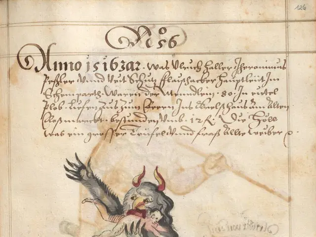 The image shows an open book with a drawing of a demon on it. The demon is depicted in a menacing...