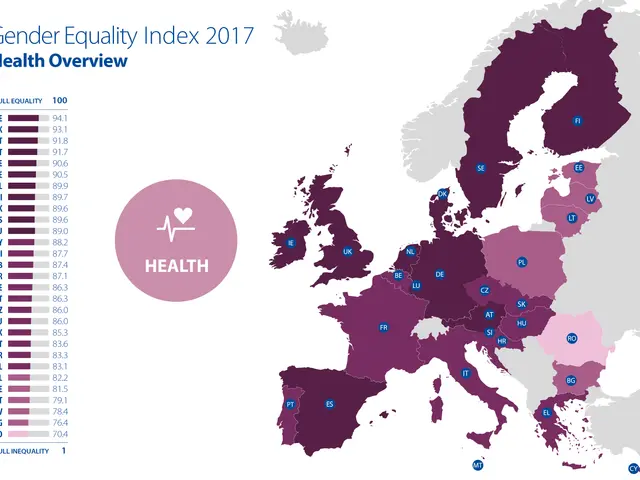 The image shows a map of Europe with different colors representing the gender equality index for...