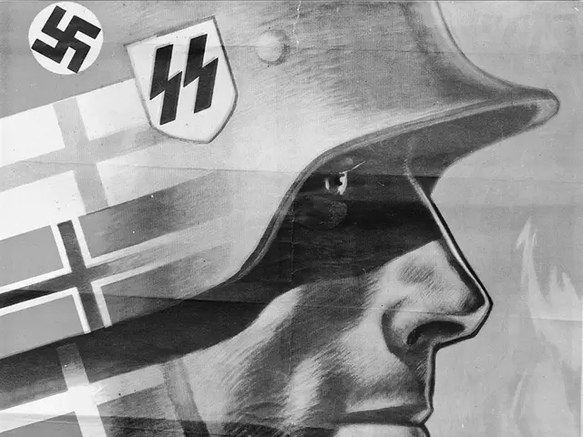 The image shows a black and white poster of a man wearing a helmet with a Nazi symbol on it. The...