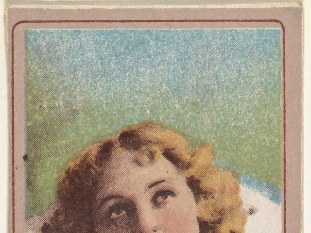 The image shows a woman in a red dress with a pink ribbon around her neck. Her face is clearly...